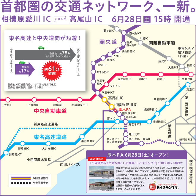 東京都新的交通網絡。相模原愛川IC-高山IC於6月28日星期六15:00開放