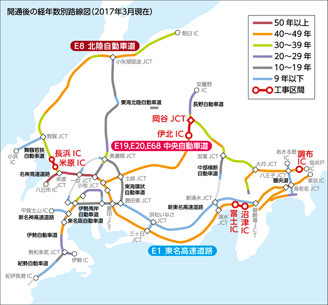 開通後の経年数別路線図(2017年3月現在)