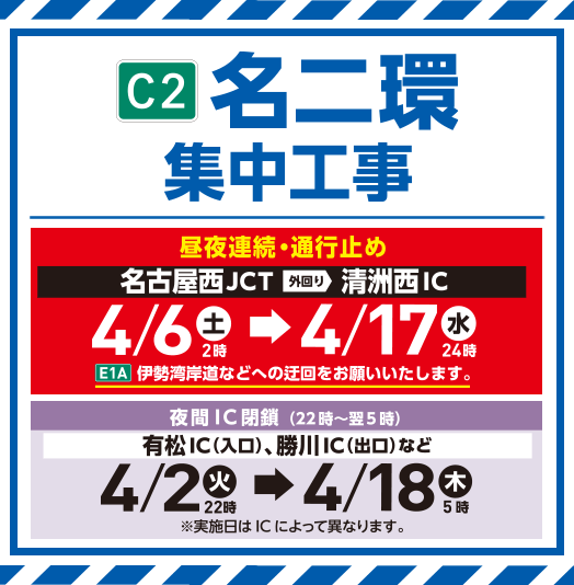 C2 Mei-Nikan Expressway intensive construction (NagoyaNishi JCT ~ Kiyosu Nishi IC) (Arimatsu IC ~ Kachigawa IC)