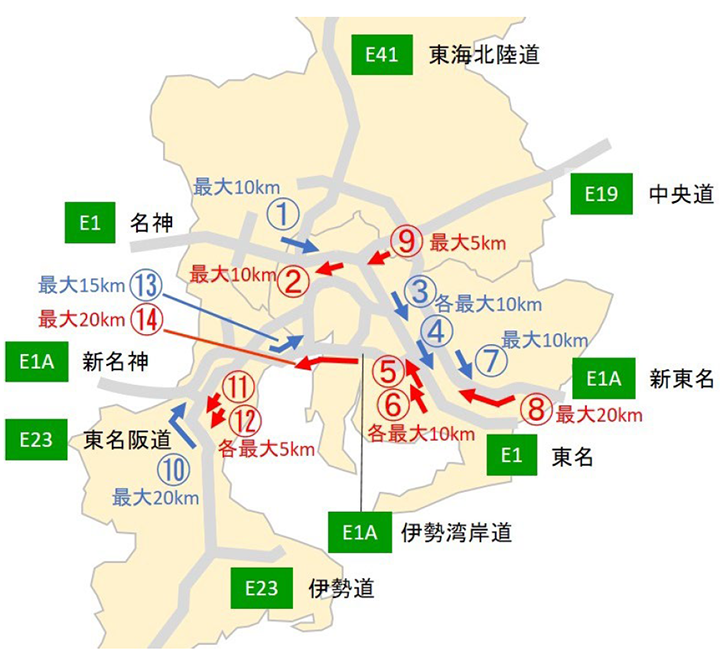 路線別の最も長い渋滞が予測される箇所（図）