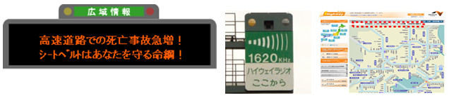 道路交通情報板、ハイウェイラジオ、Webｻｲﾄ「i-Highway中日本」など情報提供ツールでの啓発