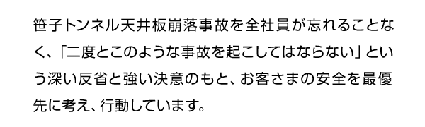 笹子トンネル天井板崩落事故を全社員が忘れることなく、「二度とこのような事故を起こしてはならない」という深い反省と強い決意のもと、お客さまの安全を最優先に考え、行動しています。