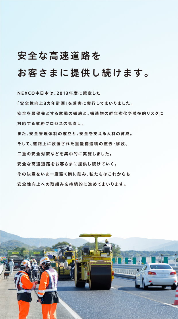 安全な高速道路を
お客さまに提供し続けます。NEXCO中日本は、2013年度に策定した「安全性向上3カ年計画」を着実に実行してまいりました。安全を最優先とする意識の徹底と、構造物の経年劣化や潜在的リスクに対応する業務プロセスの見直し。また、安全管理体制の確立と、安全を支える人材の育成。そして、道路上に設置された重量構造物の撤去・移設、二重の安全対策などを集中的に実施しました。安全な高速道路をお客さまに提供し続けていく。その決意をいま一度強く胸に刻み、私たちはこれからも安全性向上への取組みを持続的に進めてまいります。