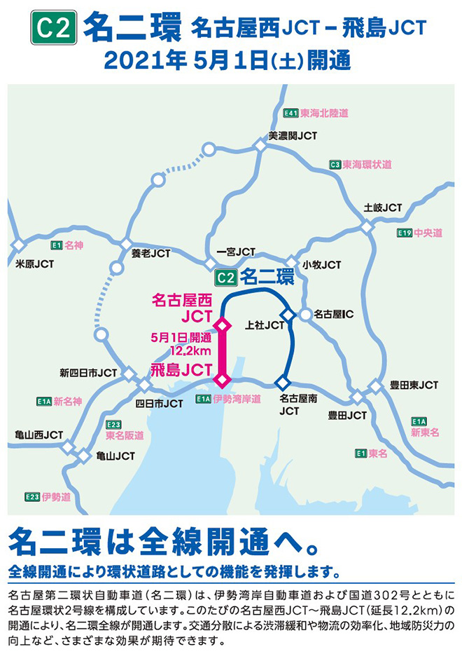 C2名古屋第二環状自動車道名古屋西JCT-Hishima JCT于2021年5月1日星期六开放！