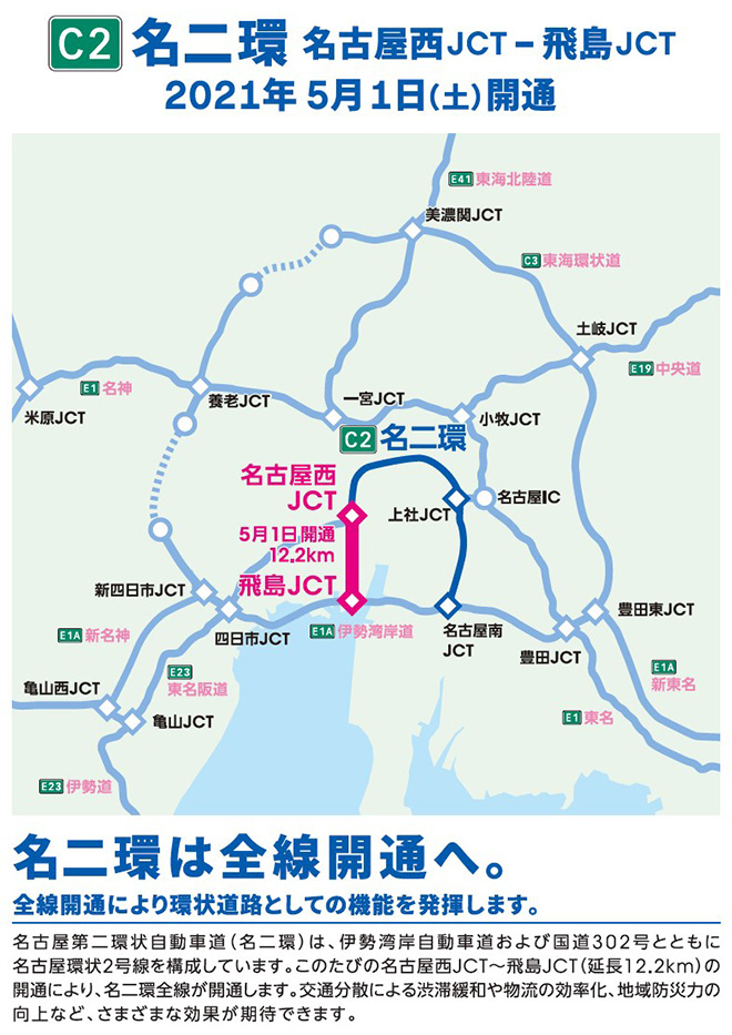 C2名古屋第二環状自動車道名古屋西JCT-Hishima JCT於2021年5月1日星期六開放！