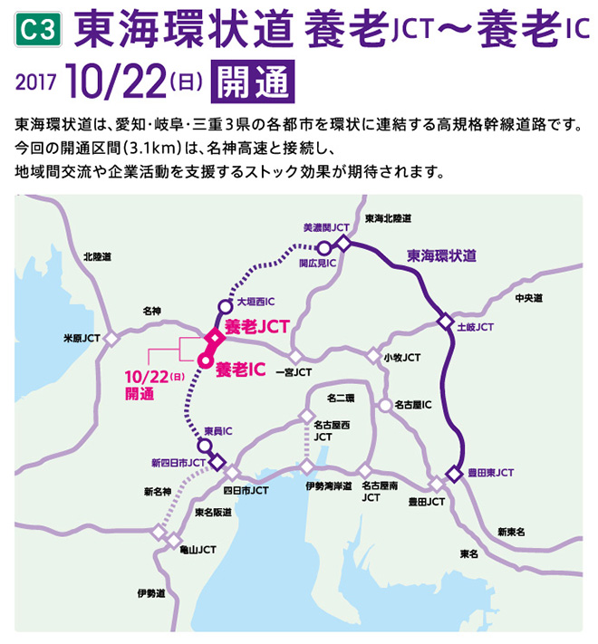 東海環状自動車道養老JCT～養老、10月22日開通。