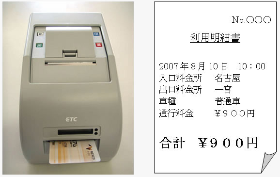 「ETC利用履歴発行プリンター（実物）」、「利用明細書（サンプル）」