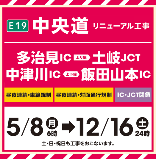 E19中央道更新工程（多治見 IC～土岐 JCT、中津川 IC～飯田山本 IC）