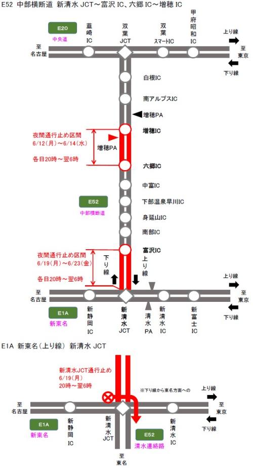 NEXCO中日本：E52 中部横断道（新清水JCT～富沢IC、六郷IC～増穂IC）および E1A 新東名（上り線）新清水JCTで夜間通行止めを実施　2023年6月12日（月）から6月23日（金）まで （平日20時～翌6時）