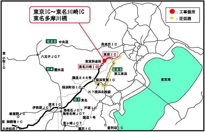 NEXCO中日本：E1 東名リニューアル工事（東京IC～東名川崎IC間、東名多摩川橋）で2023年7月29日から2024年2月中旬まで昼夜連続・車線規制を実施