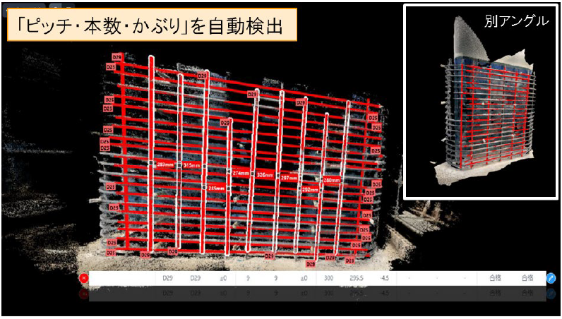 生成された鉄筋モデルの自動検出（図3：橋梁橋脚の配筋の例）