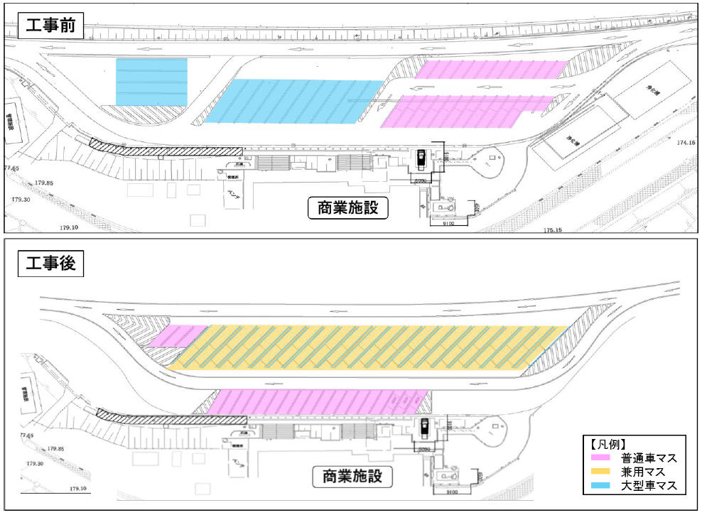 杉津PA（上り）工事前後の駐車マス配置