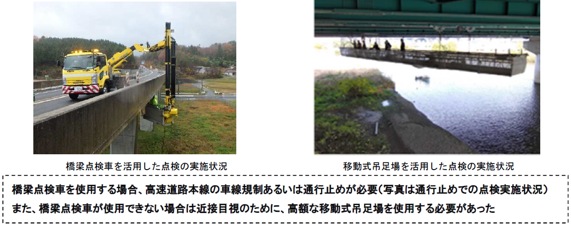 橋梁点検車を活用した点検の実施状況、移動式吊足場を活用した点検の実施状況