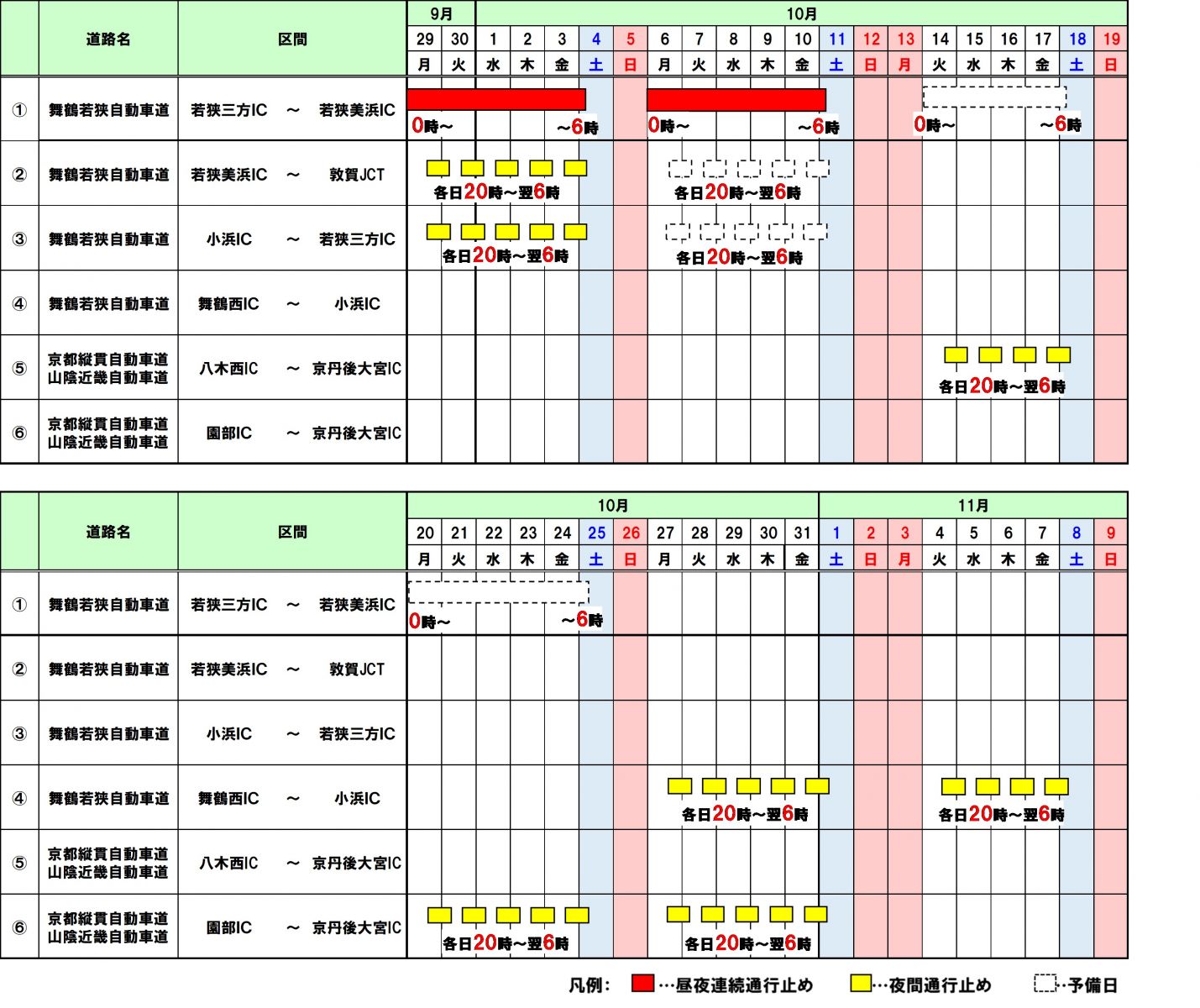 通行止め日程表