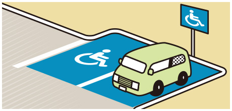Two wheelchair parking spaces, illustration with cars parked on the right