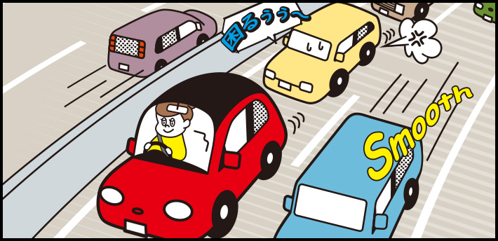 Illustration of a succeeding car that is in trouble with a car that keeps driving in the right lane without overtaking the preceding car