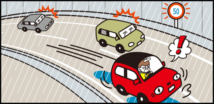 Illustration of a car in trouble because it seems to slip too fast in the rain