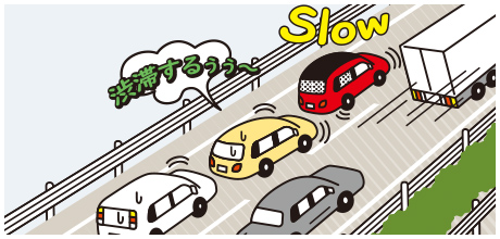 Illustration of a succeeding car in a traffic jam behind a car that has slowed downhill