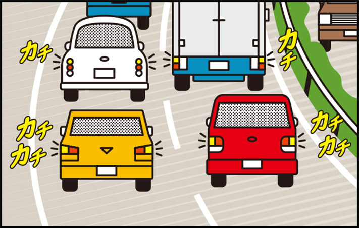 渋滞中にハザードランプを点灯して後続車に合図を出す車のイラスト