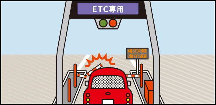 ETCレーンで開閉バーが開かない状態で通過しようとしてバーにぶつかる車のイラスト