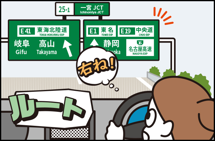 Illustration of a driver checking the route with a road sign