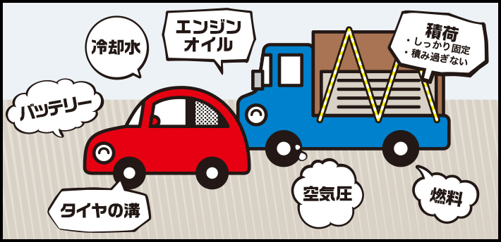 点検箇所はバッテリー、冷却水、エンジンオイル、積荷（しっかり固定されているか、積みすぎていないか）、燃料、空気圧、タイヤの溝など