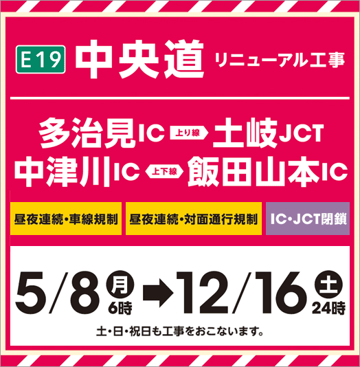 E19 中央道リニューアル工事（多治見IC～土岐JCT、中津川IC～飯田山本IC）