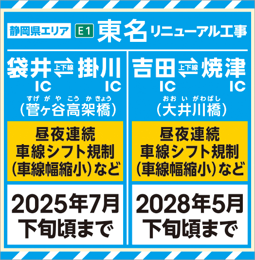 E1 東名リニューアル工事　静岡県エリア（袋井IC～掛川IC、吉田IC～焼津IC）