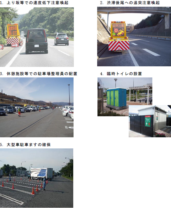 1.上り坂等での速度低下注意喚起 2.渋滞後尾への追突注意喚起 3.休憩施設等での駐車場整理員の配置 4.臨時トイレの設置 5.大型車駐車ますの確保